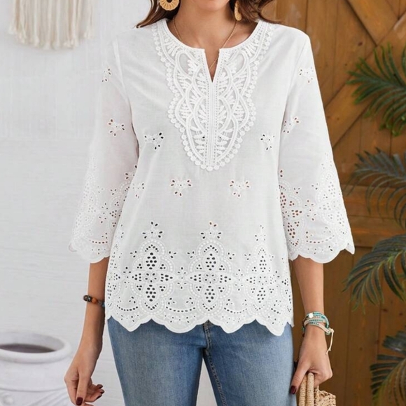 * New Boho Embroidered Eyelet Lace Scalloped Top Blouse White - Picture 4 of 8